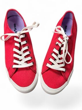 SeaVees Monterey Red Canvas Low-Top Sneakers with White Laces & Purple Bottoms